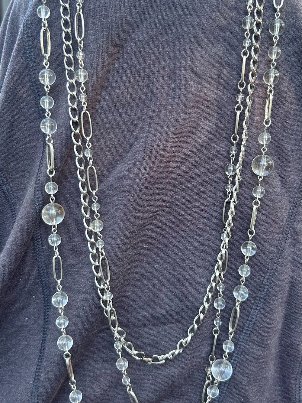 Silver-Tone Multi-Strand Beaded Necklace - Clear Beads